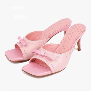 Kitten Heels with Bows Polka Dots Stiletto Mules Square Open Toe